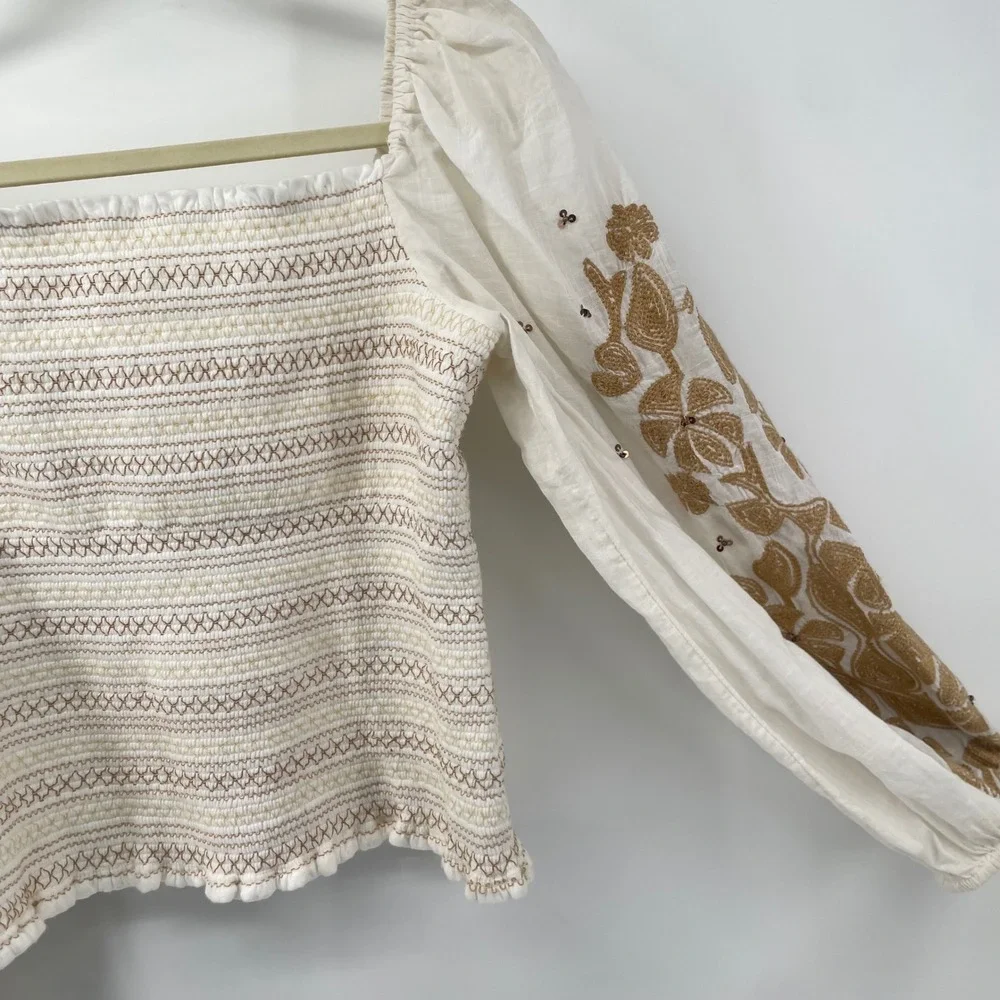 Anthropologie Blouse Womens L Ivory Smocked Embroidered Puff Sleeve Boho Peasant